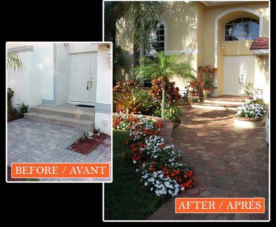 A before and after picture of a house with flowers