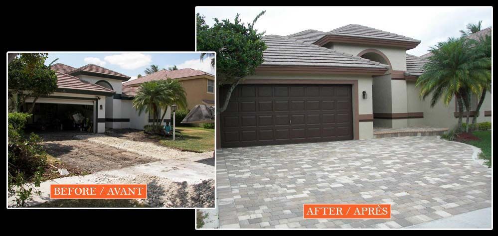 A before and after photo of a house with a garage door