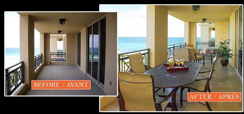 A before and after photo of a balcony with a table and chairs
