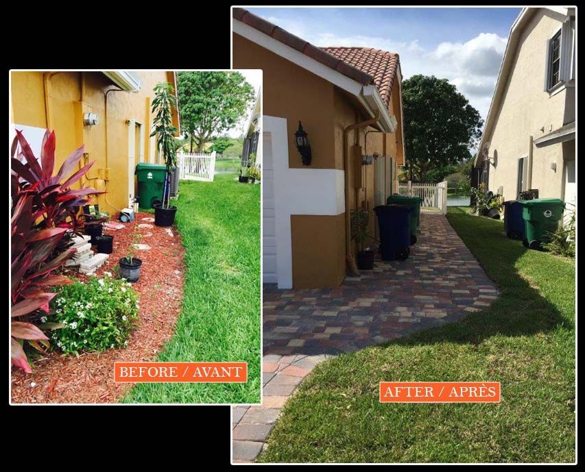 A before and after picture of a lawn and a walkway
