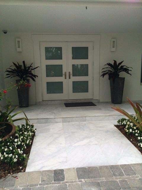 The front door of a house with two potted plants in front of it