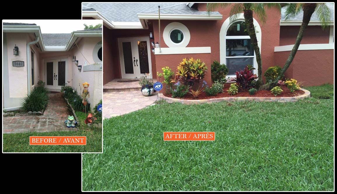 A before and after picture of a house with a lush green lawn.