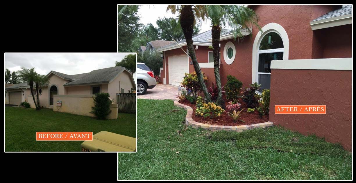 A before and after picture of a house with a lush green lawn