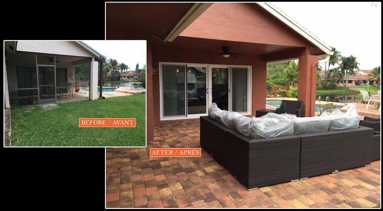 A before and after picture of a patio with a couch
