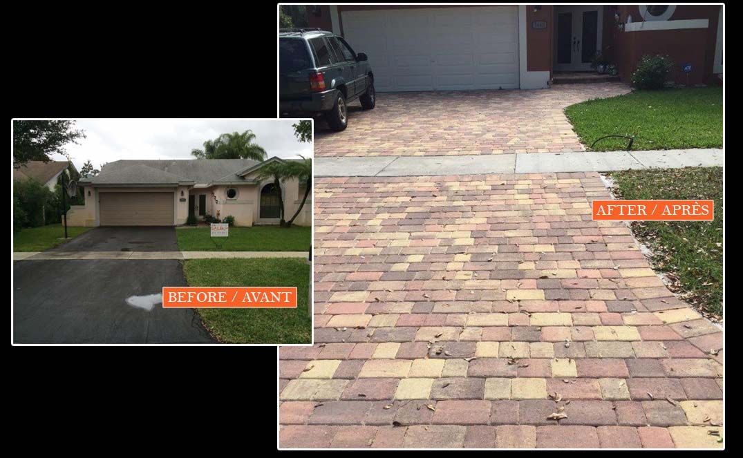 A before and after picture of a driveway with bricks.