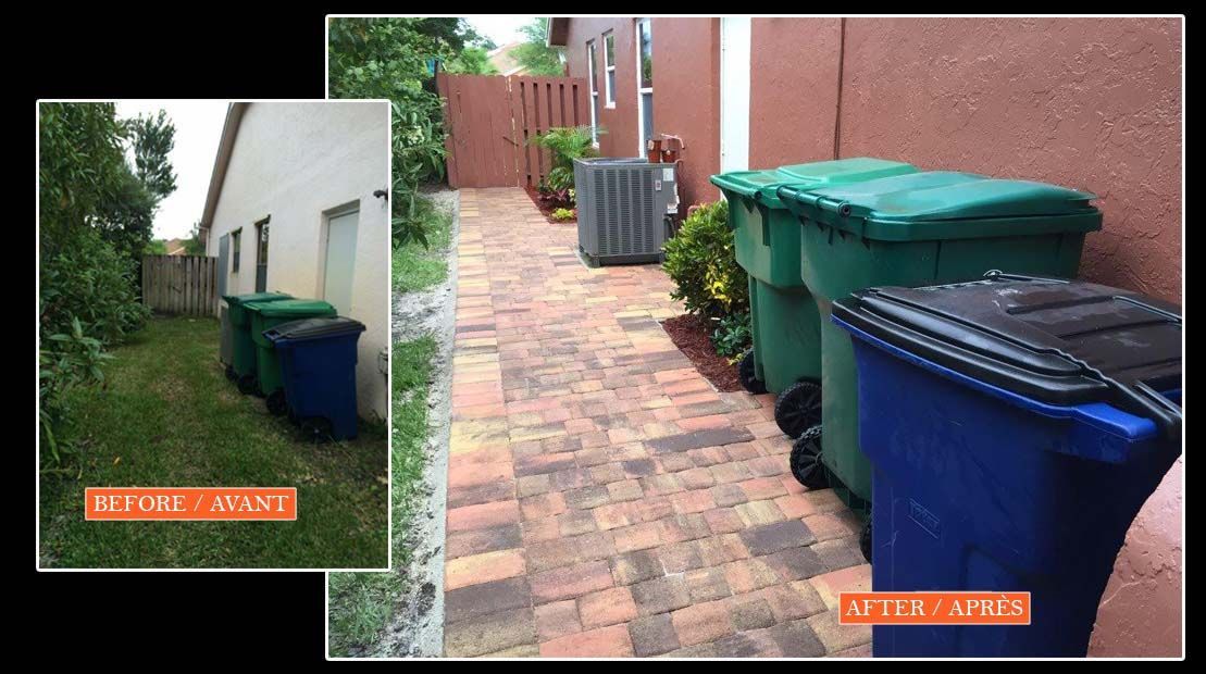 A before and after picture of a brick walkway with trash cans.