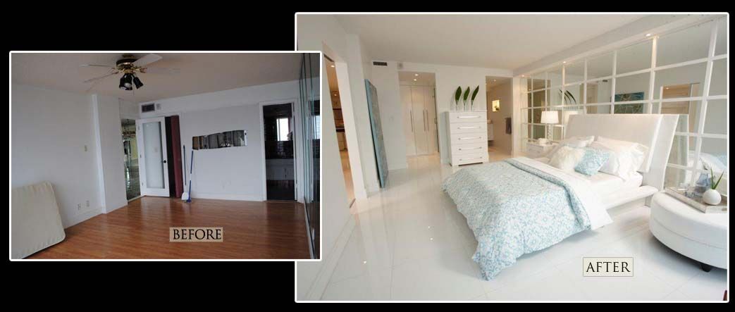 A before and after photo of a bedroom with a bed