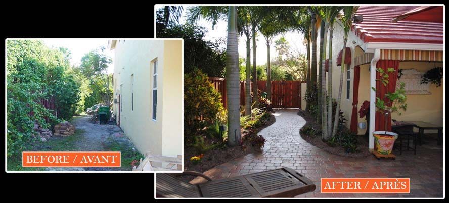 A before and after picture of a walkway between two houses