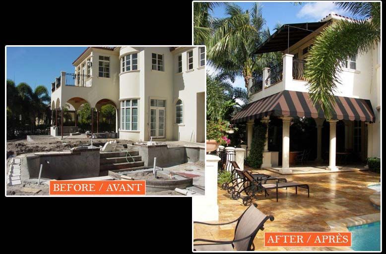 A before and after photo of a house with an awning