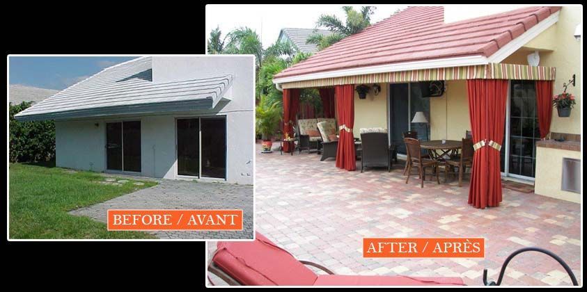 A before and after picture of a patio with red curtains