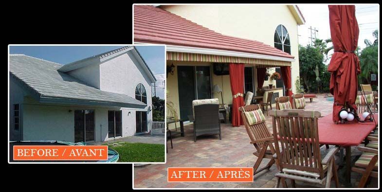 A before and after picture of a patio area