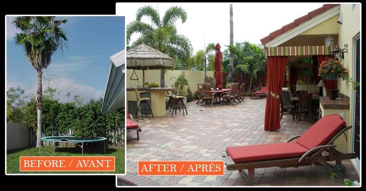 A before and after photo of a patio with red chairs