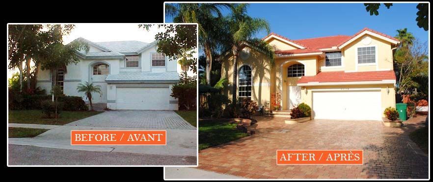 A before and after photo of a house with a red roof