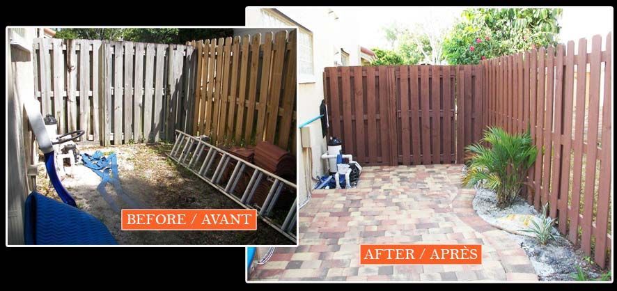 A before and after picture of a wooden fence.