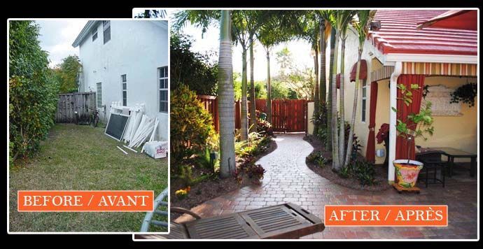 A before and after picture of a house with a walkway