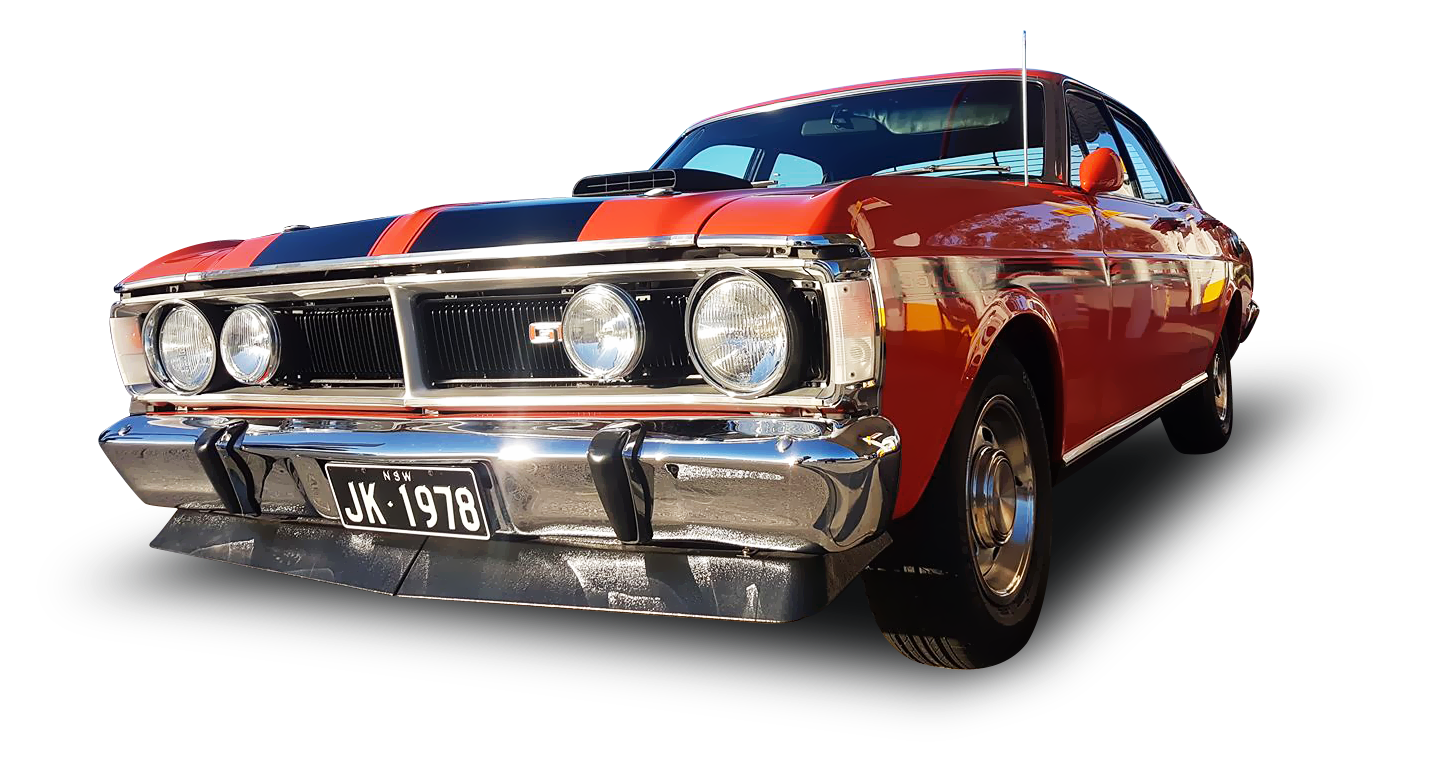 the front of a classic Ford muscle car