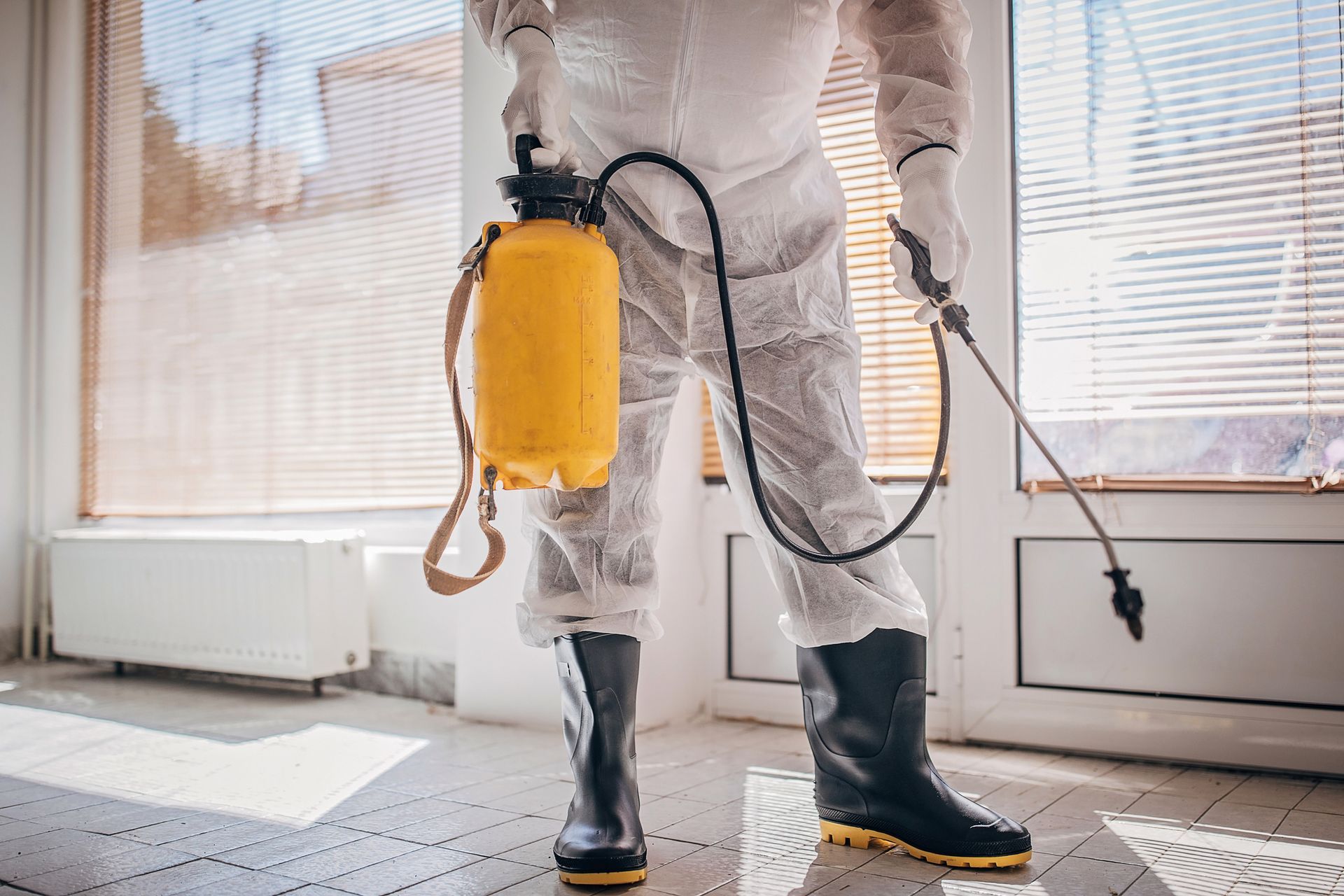 Person in protective suit holding a yellow sprayer for indoor disinfection.