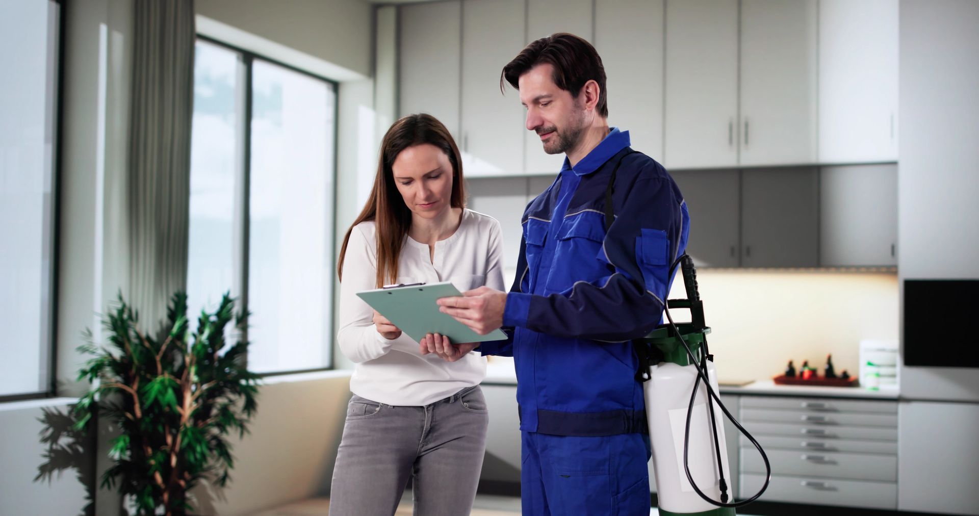 A pest control worker explains an invoice to a woman in a kitchen. A pest control worker explains an invoice to a woman in a kitchen.