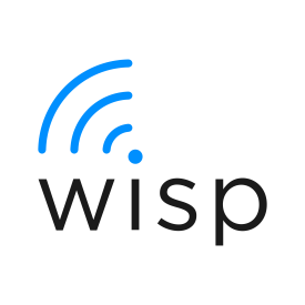 A blue and black logo for wisp with a wifi symbol.