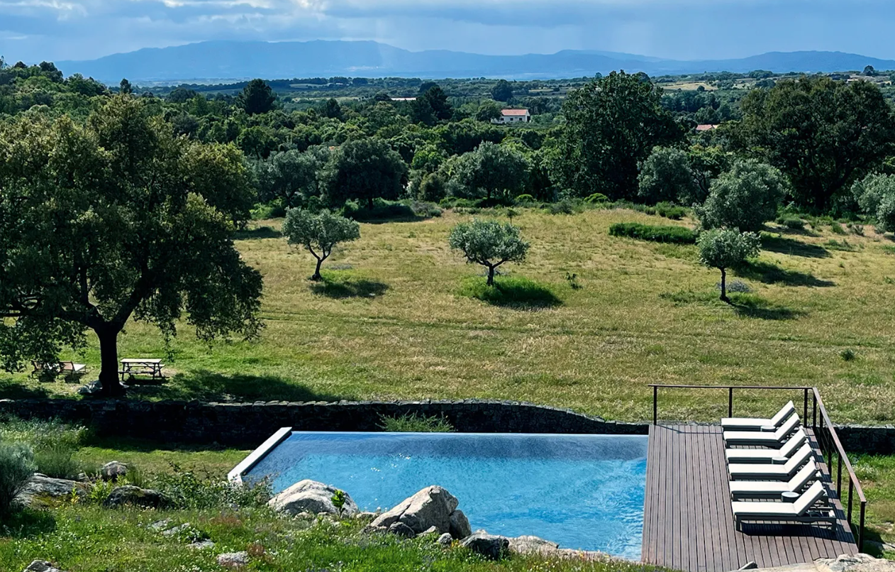 A swimming pool in the middle of a grassy field
