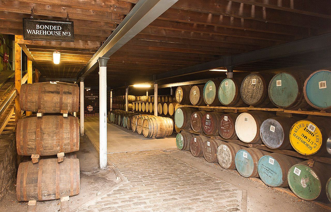Barrels of whisky at Strathisla Distillery.