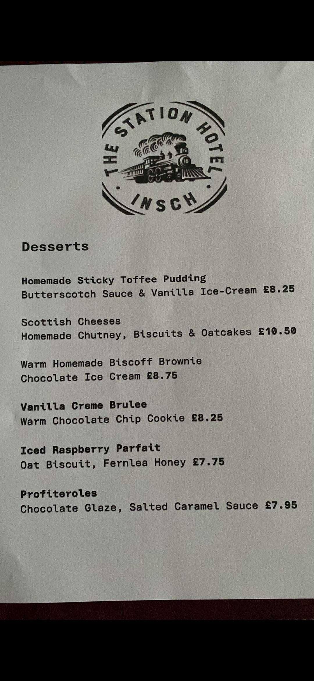January 2026 Desserts menu at The Station Hotel Insch