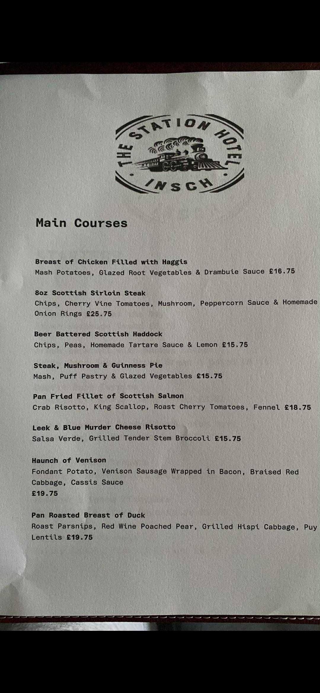 The January 2026 Mains menu offered by The Station Hotel Insch