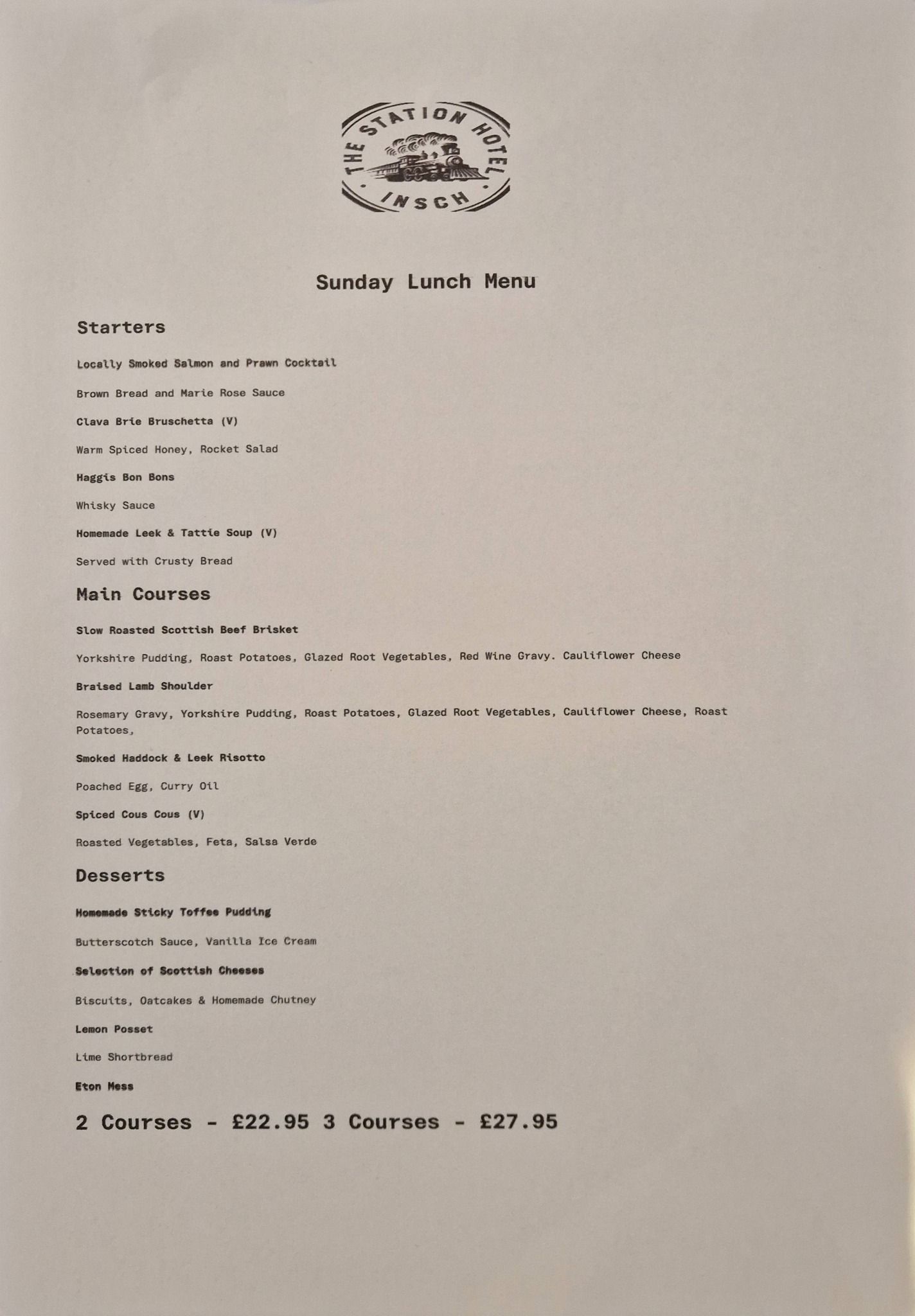 Sunday lunch menu for The Station Hotel Insch