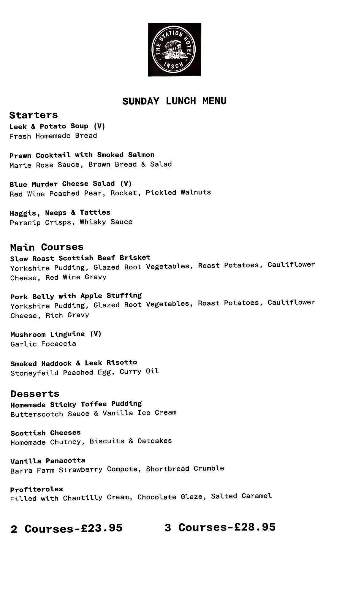 Sunday dinner menu 12th July 2026 at The Station Hotel in Insch