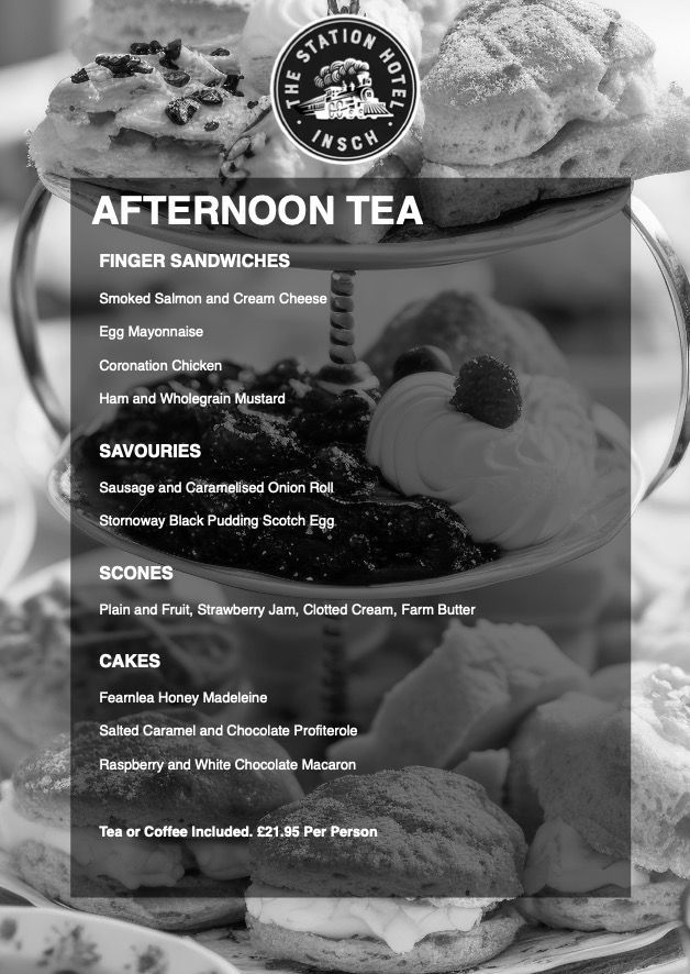 The Station Hotel Insch afternoon tea menu in black and white
