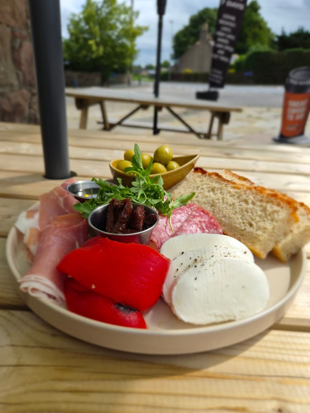 Antipasto Plate- Salami, Prosciutto, Mozzarella, Gordal olives, Sun Blushed Tomatoes, Homemade Foccacia