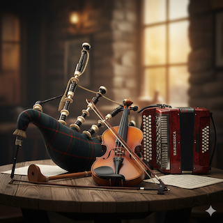 Bagpipes , a fiddle and an accordion on a table in front of a window