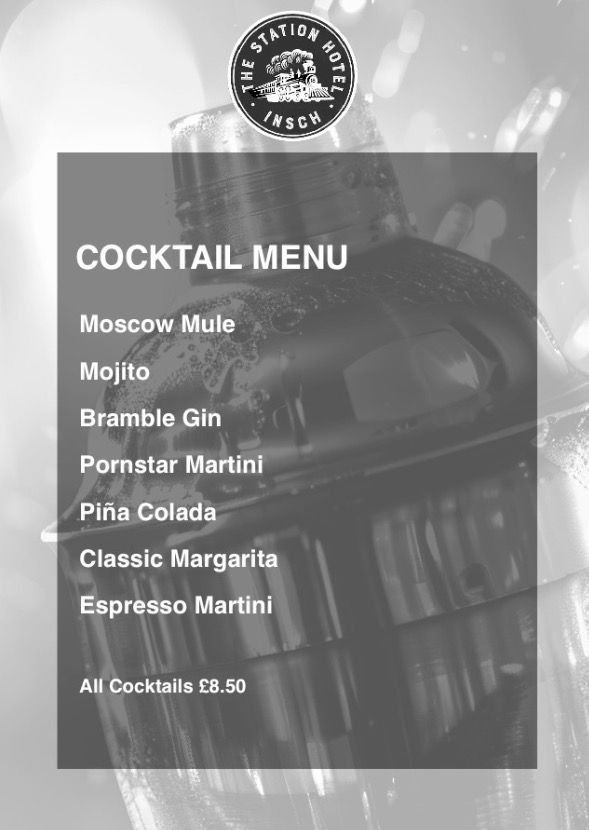 The Station Hotel Insch cocktail menu in black and white