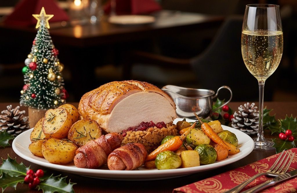 Typical turkey dinner with all the trimmings with a glass of champagne on the table