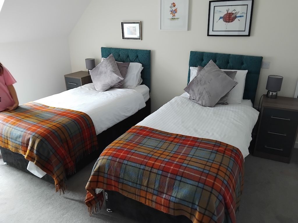 Scottish themed modern and contemporary twin bedroom at The Station Hotel, Insch, Scotland.