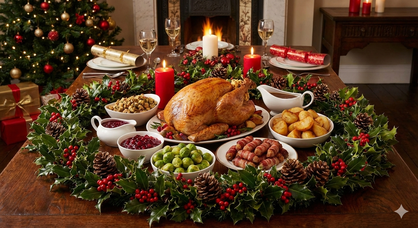 A roast turkey with all the trimmings on a table decorated with holly with a Christmas tree in the corner