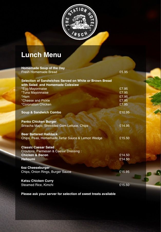 Lunch Menu at The Station Hotel, Insch, Aberdeenshire, Scotland.