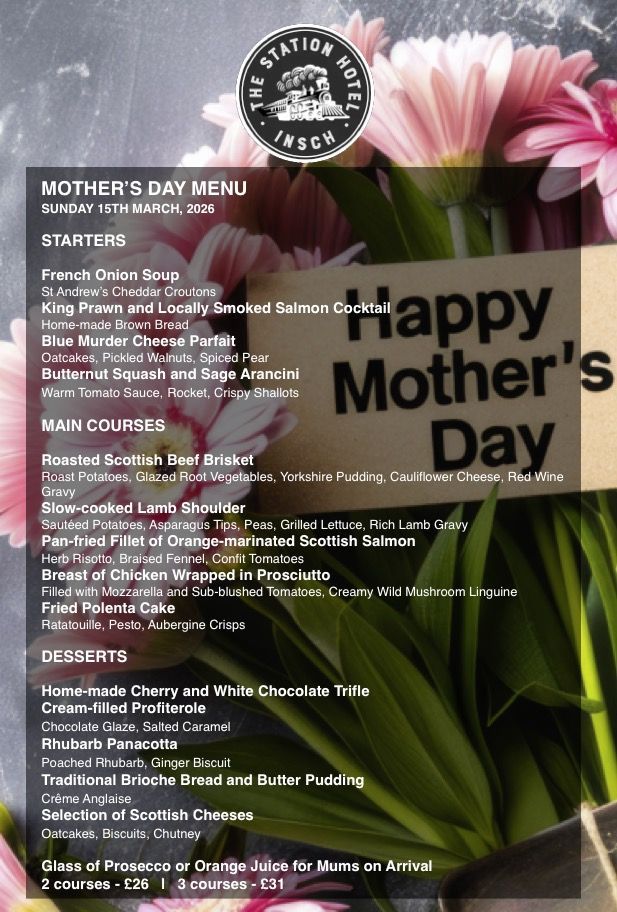 Mother's Day 2026 menu at The Station Hotel Insch printed on a background of beautiful pink flowers.