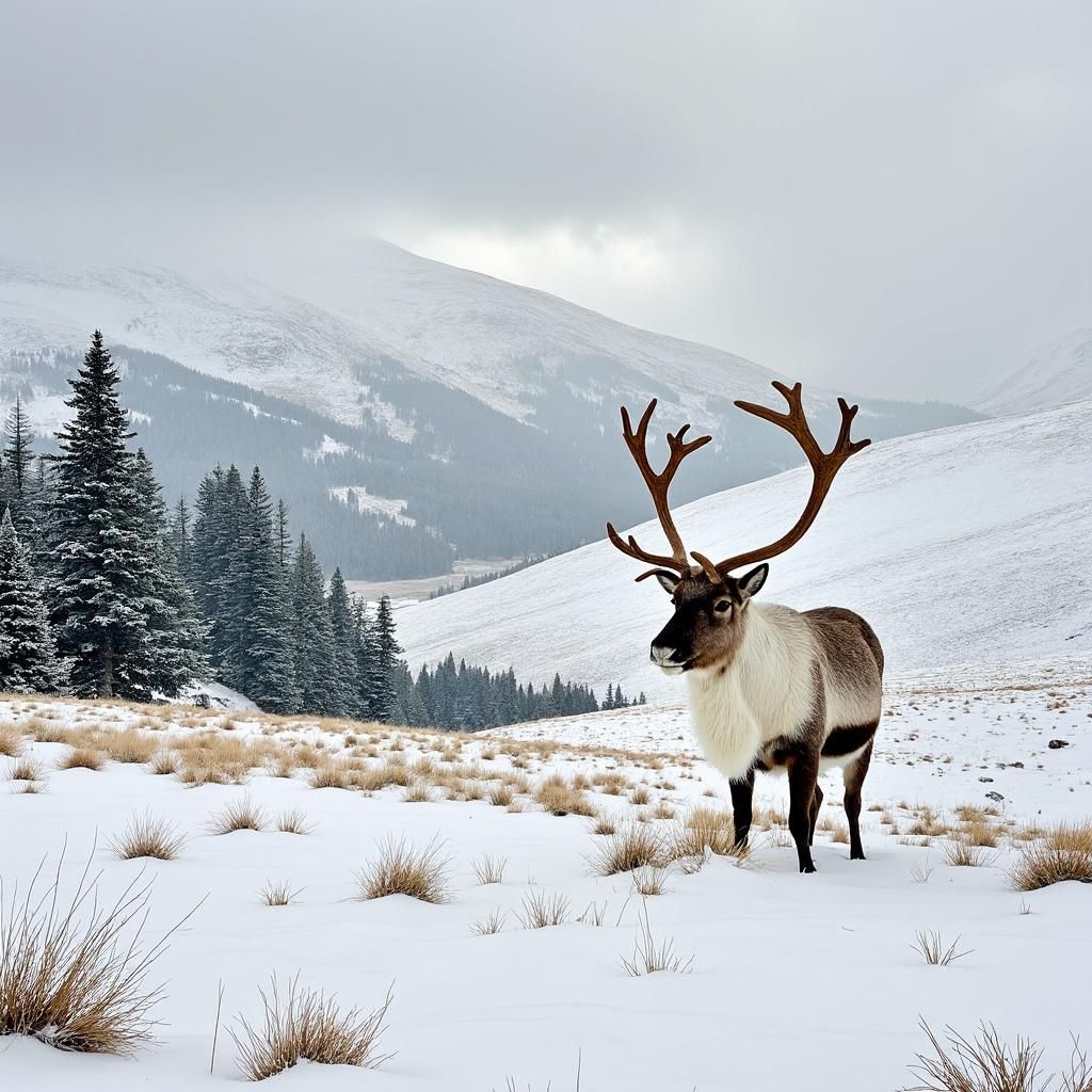 A Cairngorm reindeer standing against a snowy mountain background with pine trees
