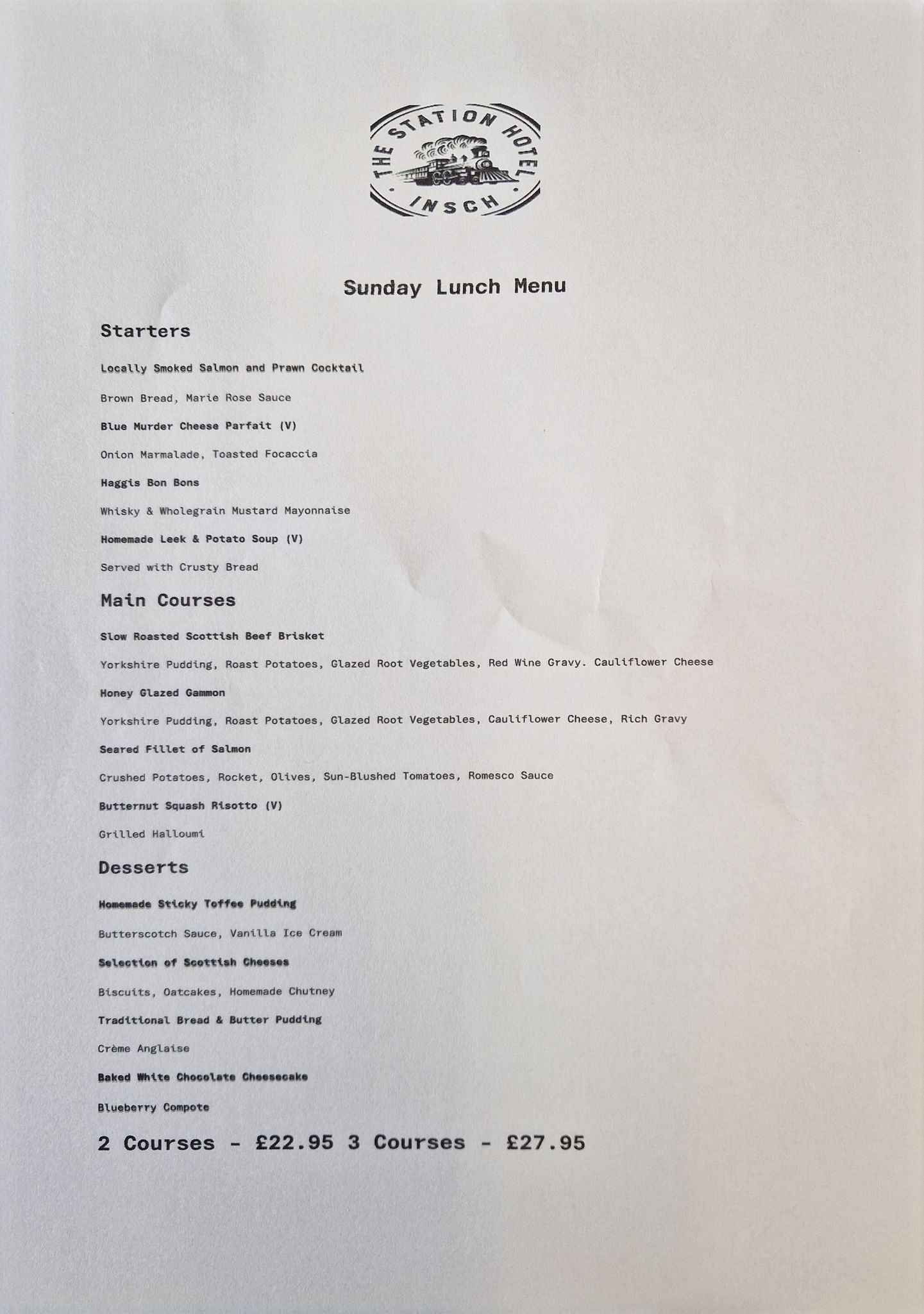 Sunday lunch menu for The Station Hotel Insch on March 8th, 2026