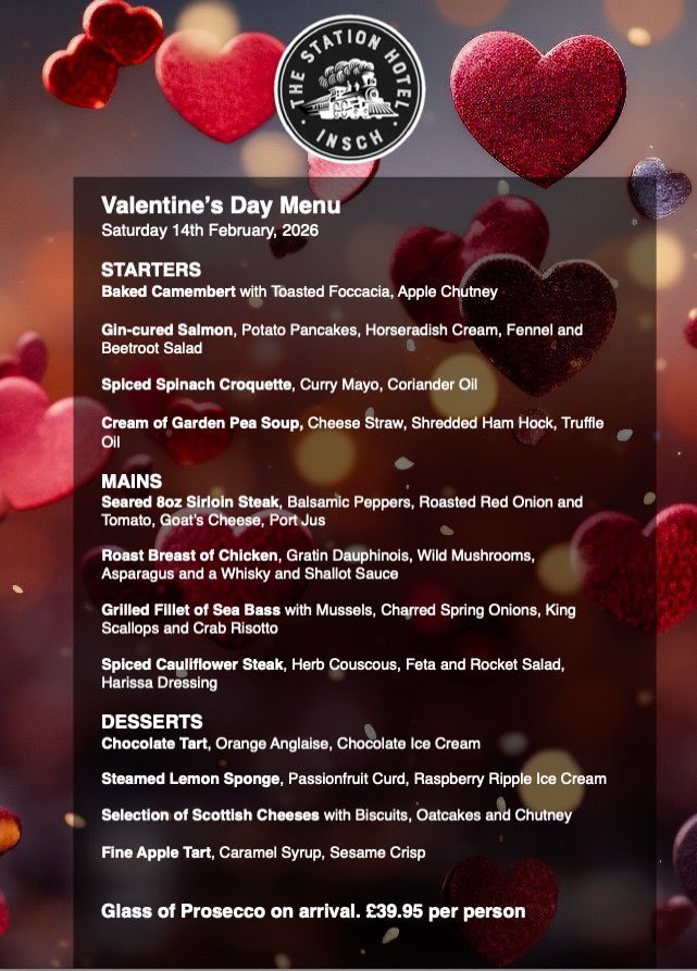 The Station Hotel's 2026 Valentine's menu with love hearts in the background and menu on the front.