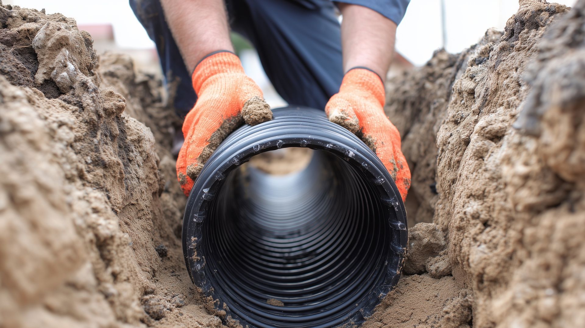 A technician in orange gloves installing a corrugated pipe during a drain field repair project.