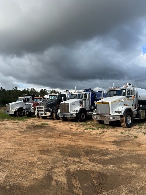 A row of trucks are parked in a dirt field on a cloudy day.