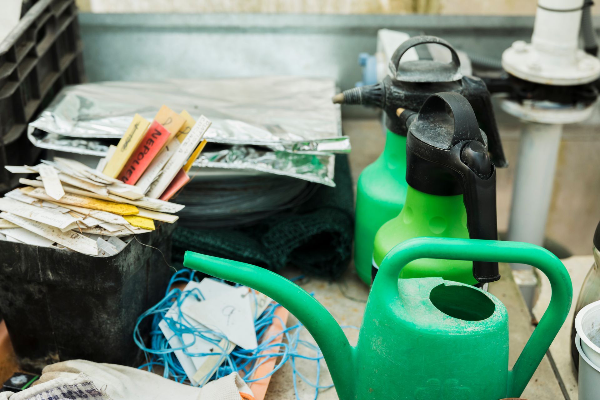 A cluttered greenhouse scene: green watering can, spray bottles, seed packets, and other gardening supplies.