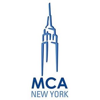 A blue and white logo for mca new york