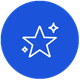 White outline star icon with sparkles, on a blue circle.
