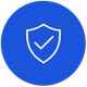 White shield with a checkmark on a blue background.