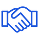 Two hands shaking, blue outline. Symbol for agreement or partnership.