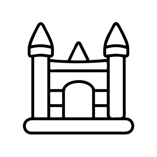 A black and white line drawing of a bouncy castle.