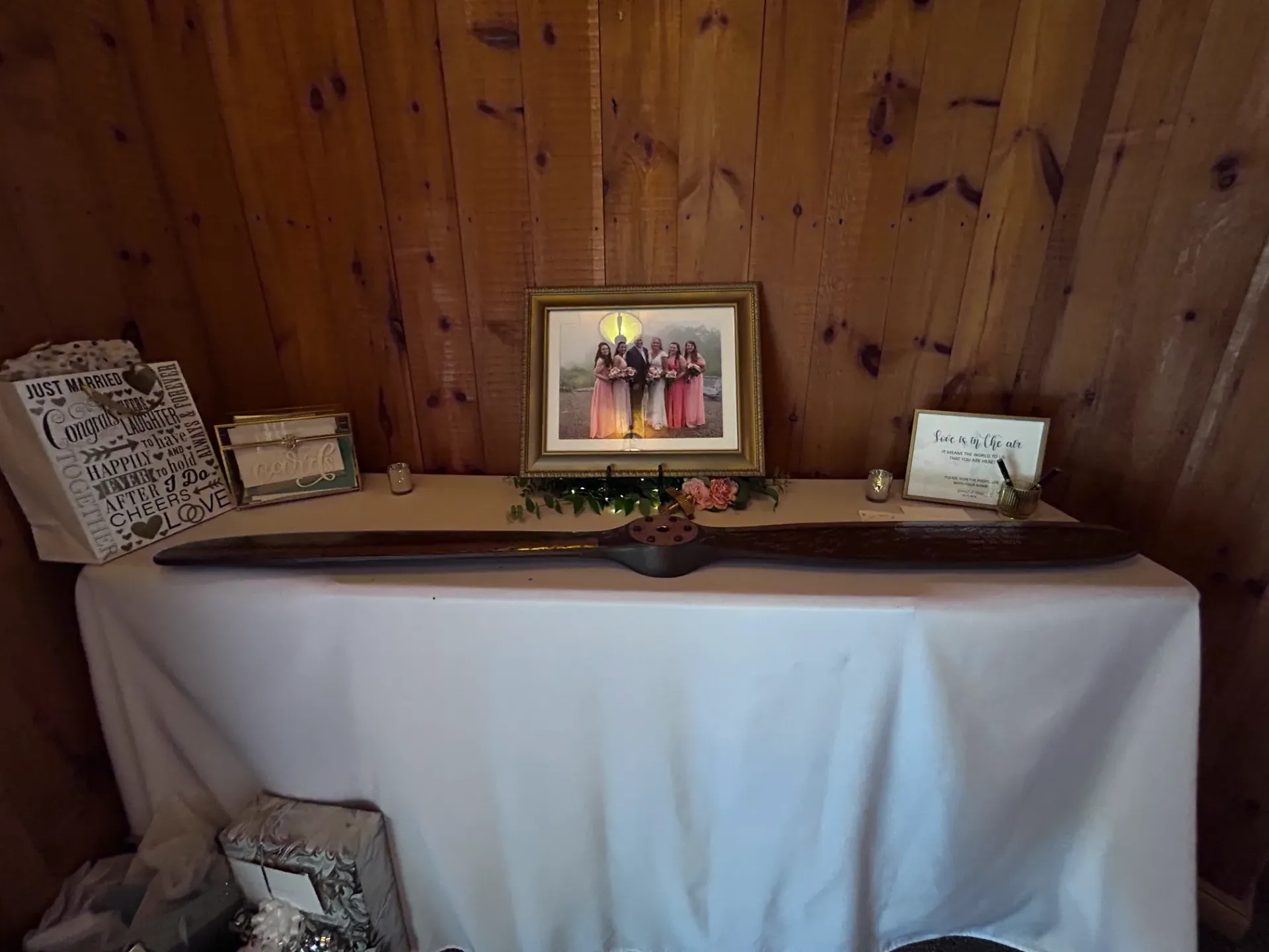 A table with a picture of a bride and groom on it.
